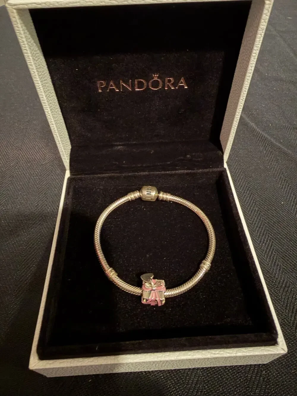 Pandora Sterling Silver Pink Enamel Present Gift Charm Bracelet + Box